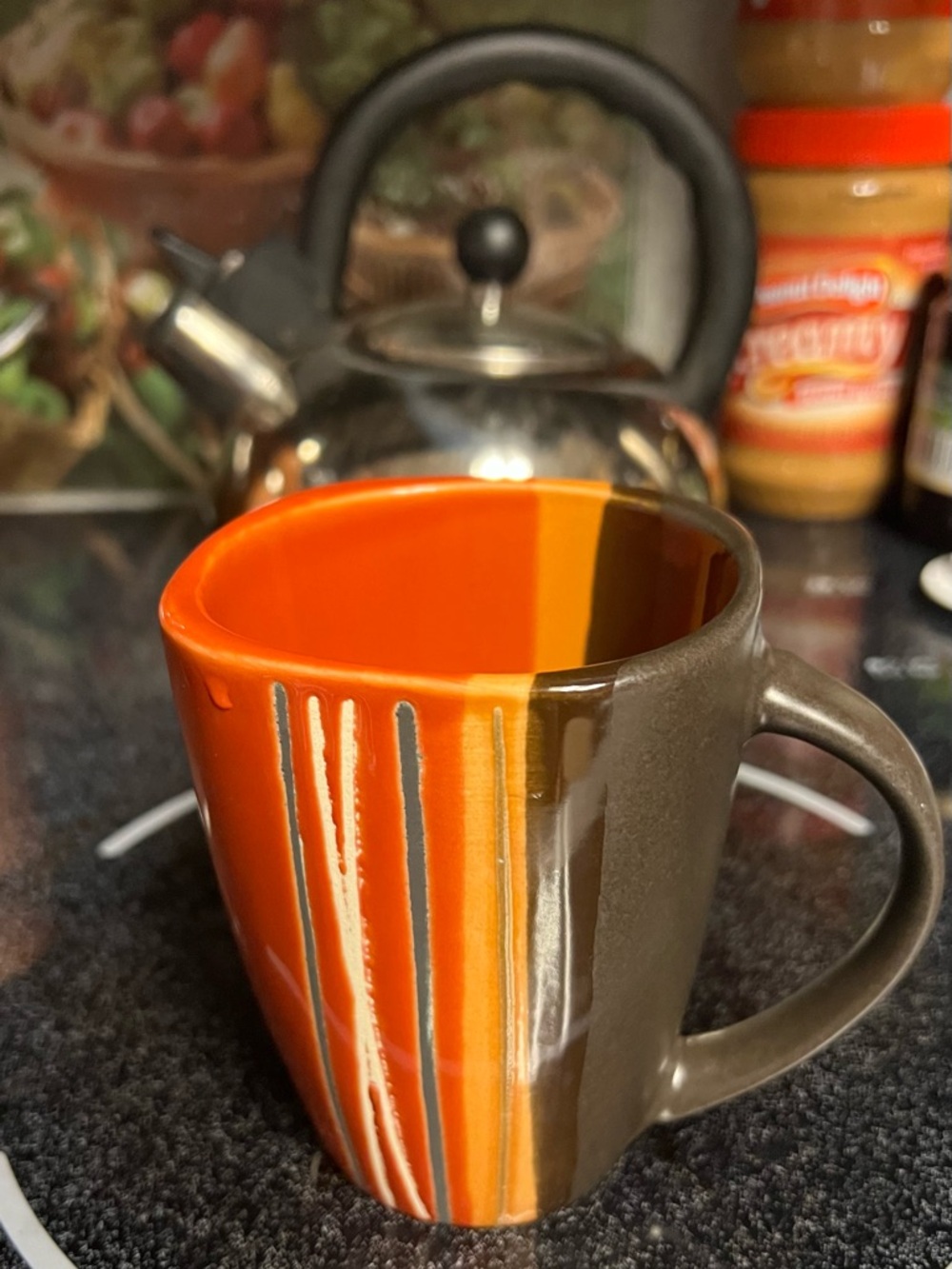 Striped Orange & Brown Ceramic Coffee Mug with Comfort Handle